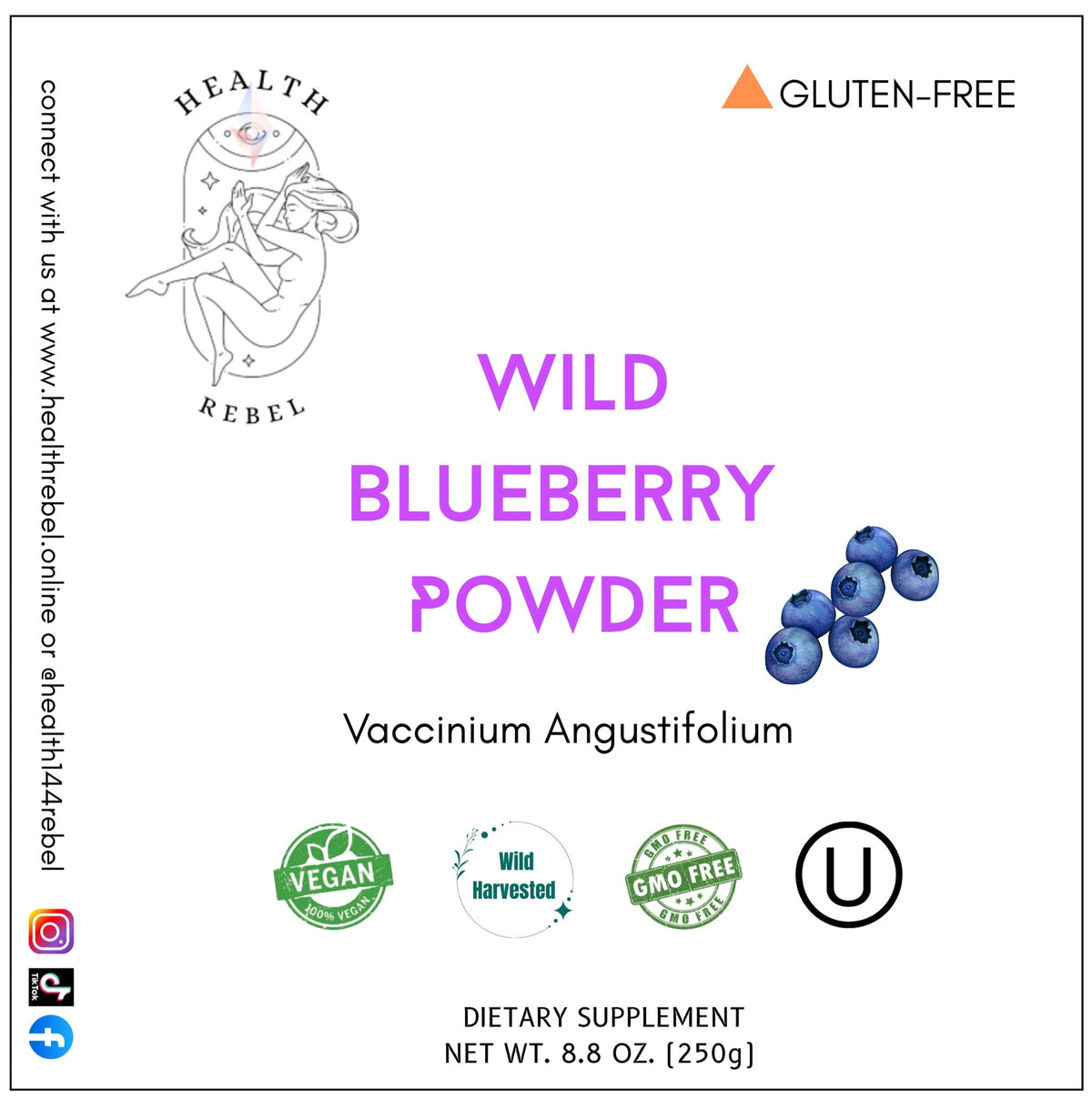 Wildblue Raspberry Label Canadian Wild Blueberry Powder 250g | Health Rebel SA