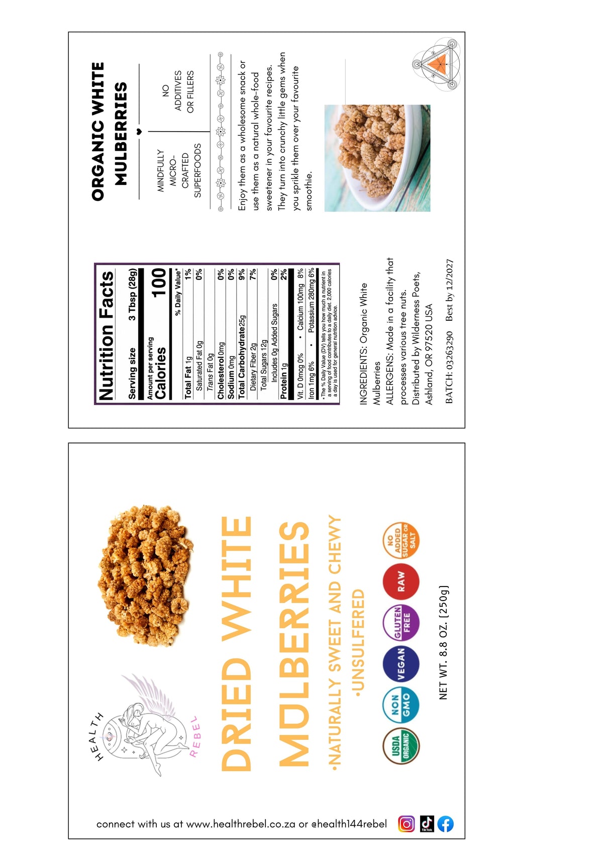 Organic Dried White Mulberries 250g by Health Rebel